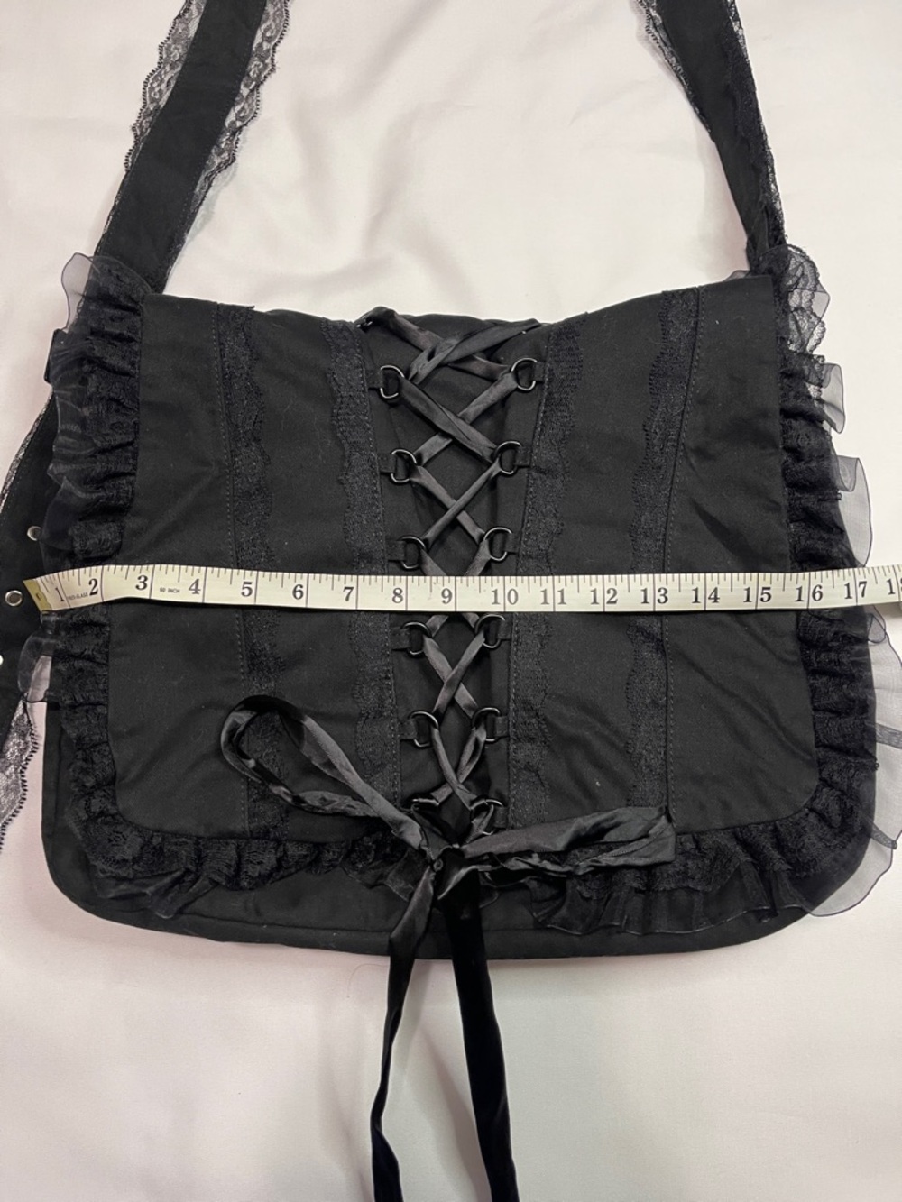 Black Lace-Up Ruffle Crossbody Bag